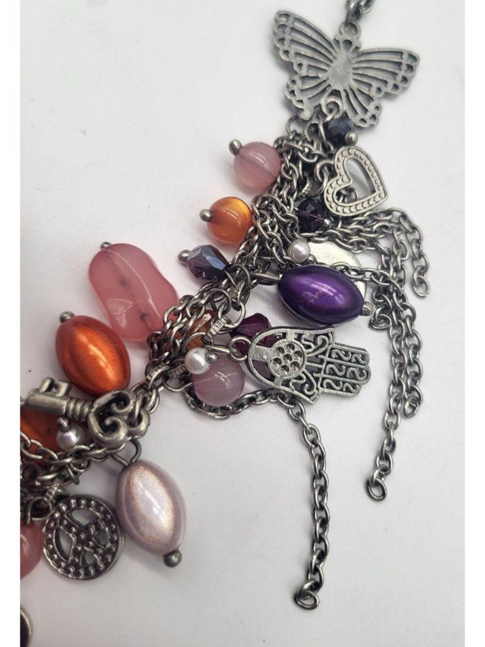 Fairy Whimsical Boho Silver Tone Dangle Charm Necklace Butterfly Hamsa Peace - Picture 6 of 8